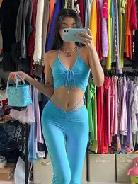 Women s Pants s Streetwear Sexy Bandage Blue Co ord Suits 2000s Fashion Drawstring Halter Top and High Waist Flare 2 Piece Set 230213