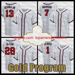 Anpassade basebolltröjor 2022 Guldprogram 13 Ronald Acuna Jr. 7 Dansby Swanson Jersey Matt Olson Mens Ozzie Albies Women Austin