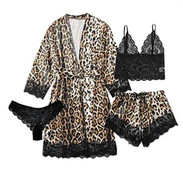 Women's Sleepwear Ly Satin Silk Pajamas Sert Women Leopard Printing Lingerie Nightdress Robes Sexy Underwear Intimate Ladies Pajama