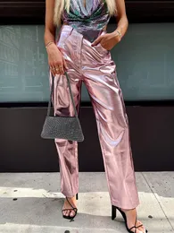 Women s Pants s Sifreyr Metallic PU Leather Straight Women Sparkling High Waist Loose Trousers 2023 Fashion Streetwear Y2K Clothes Bottom 230213