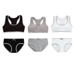 Yoga Outfit Children Girl Training Bra Soft Cotton Solid Print Casual Sports Underwear Panties Sets For 8-18 Year Old