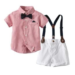 Kläder sätter barn sommardräkt småbarn randiga tshirts med bågetiesuspenders shorts set formella pojkar kläder