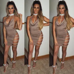 Casual Dresses Bright Diamond Halter Women Dress Sling Deep V Backless Female Splicing Fashion High Waist Mujer Sexy Party