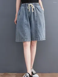 Women's Shorts Washed Wide Leg Pants Elastic Waist Jeans Korean Fashion Denim Summer Knee Length For Ladies Oversized Drawstring