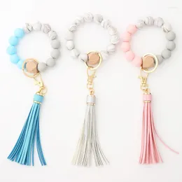 Bangle Custom Candy Color Long Leather Fringe Tassel Silicone Beads Bracelets Charm Wood Beaded Wrist Keychain Anti-lost Key Ring