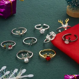 Solitaire Ring vendendo série de natal Copper Elk Cabeça de veado Antler de zircão imitação de pérola abertura anéis ajustáveis ​​Drop del sz