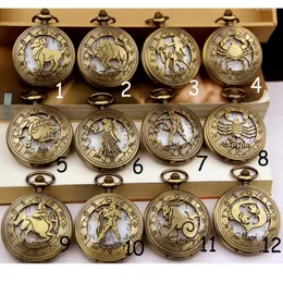 Pocket Watches (1170) 12 Pcs/lot (1 Pcs Each)Vintage Bronze Zodiac Pattern Watch Twelve Constellations Men Women Pendant Necklace