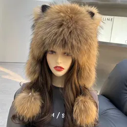 本物のアライグマファーハットロシア語の帽子トラッパーハンターハット冬の温かい猫のキャップイヤーフラップ