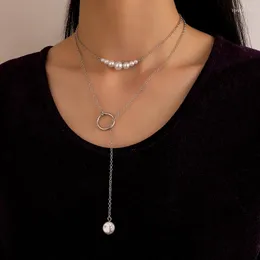 Chaînes Élégant Perle Pierre Longue Chaîne Collier Pour Femmes Creux Géométrie Alliage Métal Couches Pull Bijoux Collier 21404