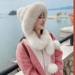 Kadınlar sıcak gerçek vizon kürk şapkası ushanka rus şapka kapağı w gerçek tilki kürk boyun atkı