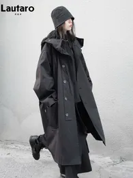 Women S Trench Coats Lautaro Spring Aduld Long Long Ungife Black Poat с капюшоном Dark Academia Esthetic Luxury Designer одежда для женщин 230213