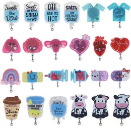 10 Pcs/Lot Key Rings Mix Styke Medical Series Bling Glitter Acrylic Retractable Badge Reel With Alligator Clip For Healthcare Worker Accessories