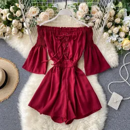 Women's Jumpsuits & Rompers SINGRAIN Women Summer Korean Beach Bandage Playsuits Short Wide Leg Pants Slash Neck Off Shoulder Solid