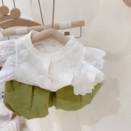 Conjuntos de ropa Conjunto de camisa de encaje de moda de verano Top Pantalones cortos verdes Ropa para niños pequeños Niñas Traje de piezas casual para niñas