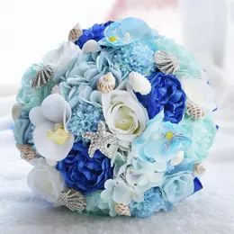 Dekorativa blommor Seashell Wedding Bouquet Silk Hydrangea Garden Buquets Blue Beach Starfish Bridal Home Decor