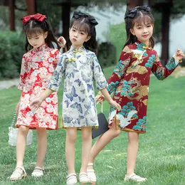 Girl's Dresses Half Sleeves Qipao For Girls Summer Floral Mini Dress 110 Years Teenager Chinese Style Cheongsam Traditional Ethnic Costumes 230214