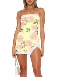 Casual Dresses Women's Summer Short Bandeau klänning ärmlös från axel spets trim blommor