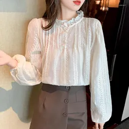 Женские блузки Blusas Mujer Solid Color 2023 Корейская версия Ruffle Вышивка с длинным рукавом с длинным рукавом