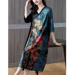 Casual Dresses ZUOMAN Summer Vintage Print Mulberry Silk Midi Dress Casual 4XL Plus Size Dress Women Elegant Bodycon Party Vestidos 230214