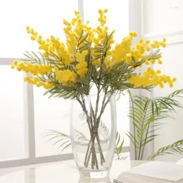 装飾的な花38cm偽のアカシア人工黄色のミモザスプレーチェリーフルーツブランチウェディングホームテーブル装飾植物