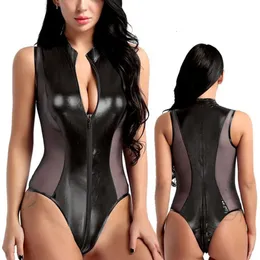 Kadın Tulumlar Seksi kolsuz iç çamaşırı elbise lateks bodysuit motocross ceket fermuar erotik sahte deri catsuit vücut 230214