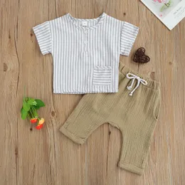 Kleidung Sets PC Baby Sommer Trainingsanzug Baumwolle Leinen Streifen ONeck Shirts Tops Einfarbig Casual Hosen Anzug für Kleinkind jungen