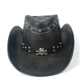 Chapéus de aba larga balde 100 couro de couro chapéu de cowboy ocidental para cavalheiro pai jazz sombrero hombre tamreiro 5859cm 36 slye 230214