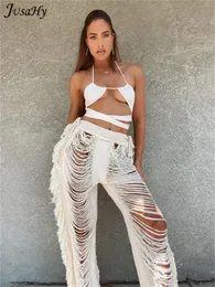 Kvinnors byxor S Jusahy Y2K Solid Sticked Right for Women Hipster Tassel Hollow Out Highwaist Bottoms Streetwear Christmas Trousers 230214