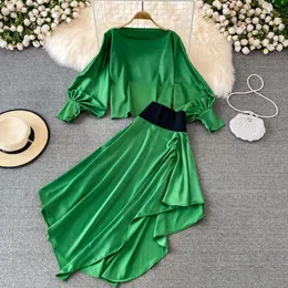 Work Dresses Two Piece Women Dress Sets Outifits Off Shoulder Lantern Long Sleeve Top High Waist Asymmetrical Skirts Woman DropWork