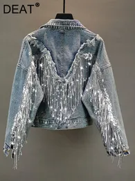Giacche da donna DEAT Personalità da donna Street Nappe con paillettes Cappotto di jeans Stile Manica lunga Moda Temperamento Primavera 2023 11C160 230214