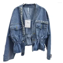 Kvinnors jackor kvinnor söta pärlor denim skördjacka kvinnor plus size rockar streetwear veckade smala lösa beskuren jean clagul koreanska