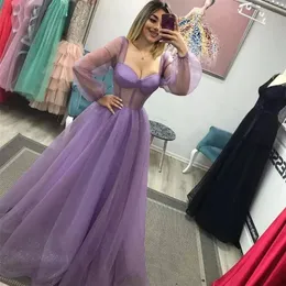 Party Dresses Lavender Tulle Evening Puff Long Sleeves Sweetheart Bones Floor Length Prom Gown Formal Dress 230214