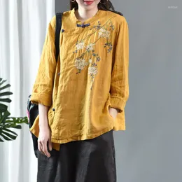 Camicette da donna Primavera Stile artistico Donna Camicie larghe con bottoni vintage Camicetta con ricamo in lino di cotone Femme Blusas Elegante FT482