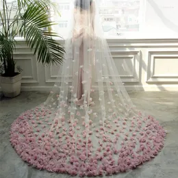 Bridal Veils Pink Cathedral Wedding Wedding koronkowe 3D kwiaty kwiaty Zasłona z akcesoriami grzebieni 2023 Mantilla Bride Mantilla