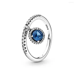 Anelli a grappolo Autentico anello in argento sterling 925 pendente blu trasparente rotondo scintillante alla moda per le donne regalo gioielli fai da te