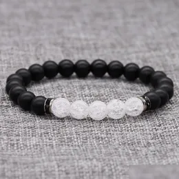 Beaded Fashion 8Mm Black Matte Beads With White Cracked Crystal Bracelet For Womens Men Yoga Lover Rhinestone Bangle Drop De Dhgarden Dhglr