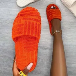 Slippers 2023 Women One-word Thick-soled Warm Furry Women's Shoes Embossed Cotton Drag Outdoor All-match Casual Big Size