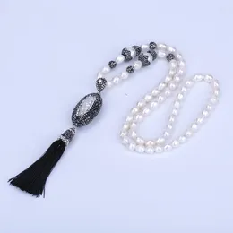 H￤nge halsband B￶hmen Big Oval Blue Glass White Opal Connector Silk Tassel smycken s￶tvatten p￤rlkedja charms halsband f￶r kvinnor