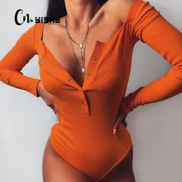 نوبة المرأة rompers cnyishe الأزرار الملتوية مضلعة bodysuits النساء طويلة الأكمام جسمه مثير ملابس الشارع الخريف الملابس الصلبة 230214