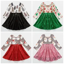 Flickans klänningar exklusiva Girlymax Christmas Baby Girls Kids kläder Milk Silk Print Ruffles paljetter Twirl Dress Knee Long Long Sleeve 230214