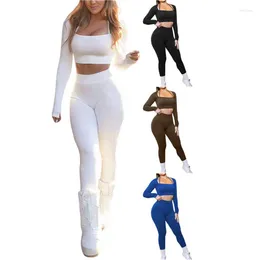 Women's Two Piece Pants Women 2 Pcs Yoga Clothes Outfit Solid Color Square Neck Long Sleeve Crop Tops And High Waist Leggings Tracksuits 4
