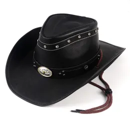 Breda Brim Hatts Bucket Högkvalitativa klassiker Crystal Retro Leather Cappello Cowboy Hat Men Women Sunhat Homme Chapeau Western Vintage Cap 230214