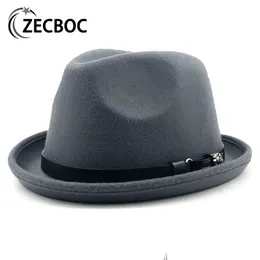 Pieira de porco com chapéus de aba larga para homens com imitação de cinto Lã Felta Fedora Top Winter Igreja de outono Roll Up Luxury Woman Fashion 230214