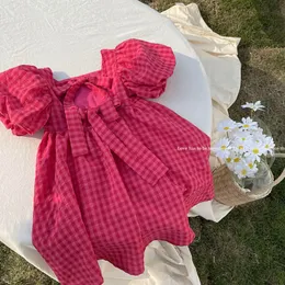 Flickans klänningar Summer Rose Pink Plaid Bow Elegant Lolita Child Big Girls Midi Children For Teens Party Princess Sundress 230214