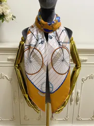 women's square scarf scarves shawl 100% twill silk material yellow color pint letter bike pattern size 130cm - 130cm