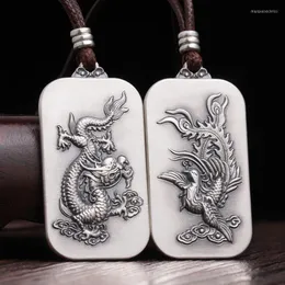 Correntes Sterling Silver 999 Dragon/Phoenix Pingente Colar com corda de cera ajustável 60cm para homens e mulheres jóias punk vintage