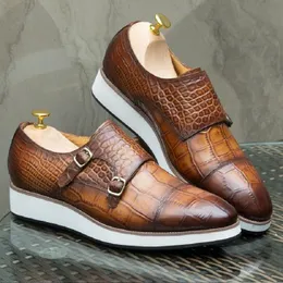 Classic Men's Casual Shoes Genuine Leather Crocodile Pattern Shoes Men Fashion Buckle Monk Strap Sneakers D2A13