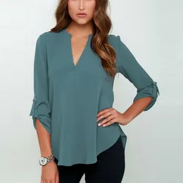 Womens Blouses Shirts Women Summer Chiffon Solid Shirt V Neck Three Quarter Sleeve Irregular Hem Plus Size Casual Loose Blouse 230214