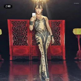 Sahne Giyim Seksi Çiçek Rhinestones Hanfu Bambu Baskı Elbise Kadın Doğum Gece Kulübü Bar Uzun Dans Performans Kıyafetleri SPANDEX