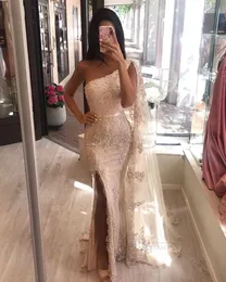 Sexy Lace Mermaid Evening Dresses 2023 Champagne Beads Appliques Side Slit One Shoulder Dubai Arabic Long Formal Evening Gowns Prom Dress